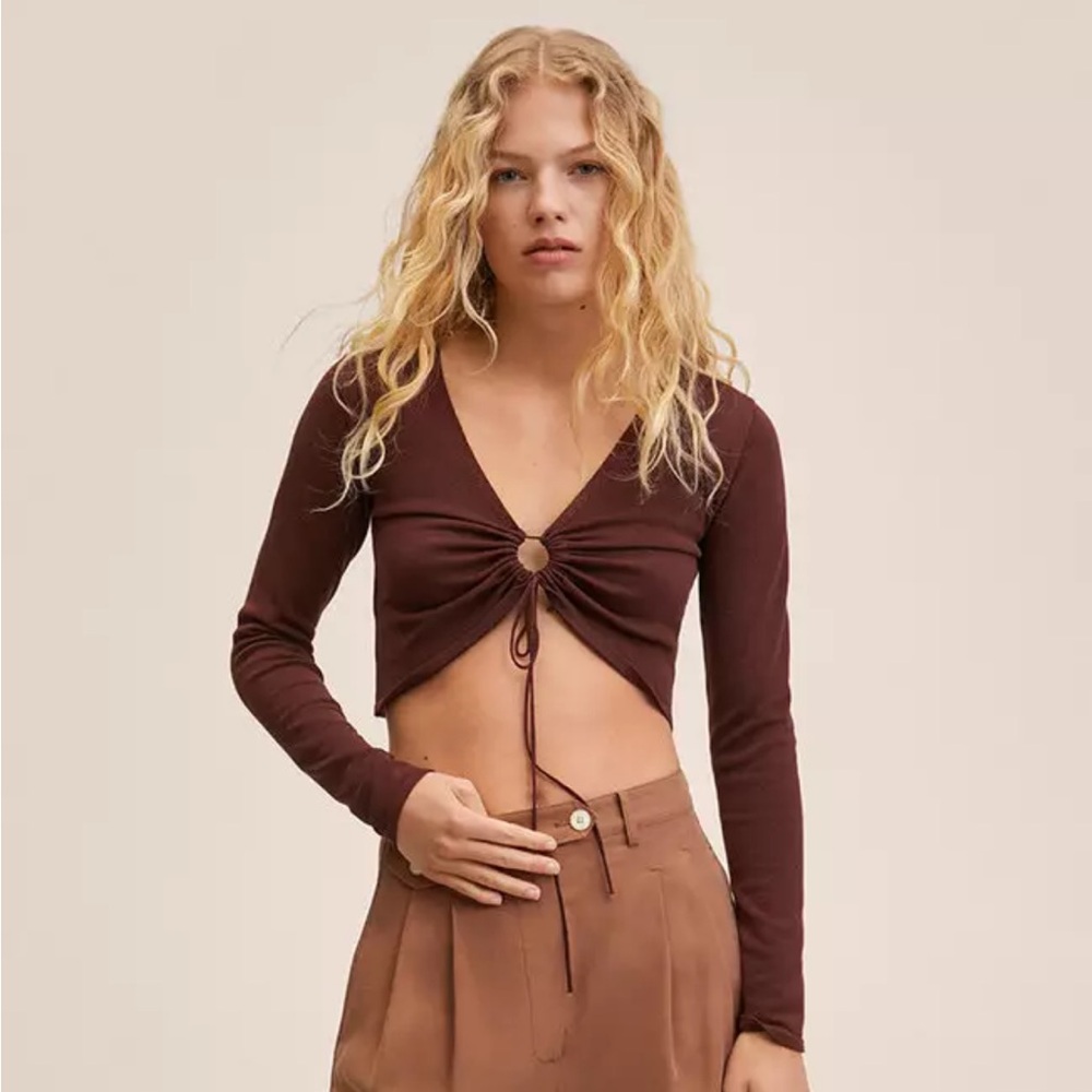 Mango Brown Ruched Cropped Top | Size L | Long Sleeve | Chic Fit